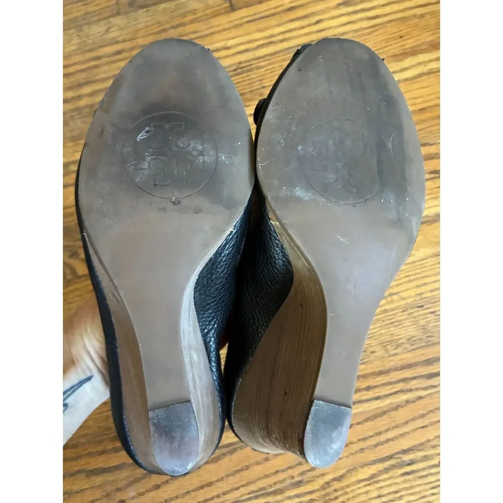Tory Burch Amanda Black Leather Logo Peep Toe Wedge Heels Shoes  Women's Size 11